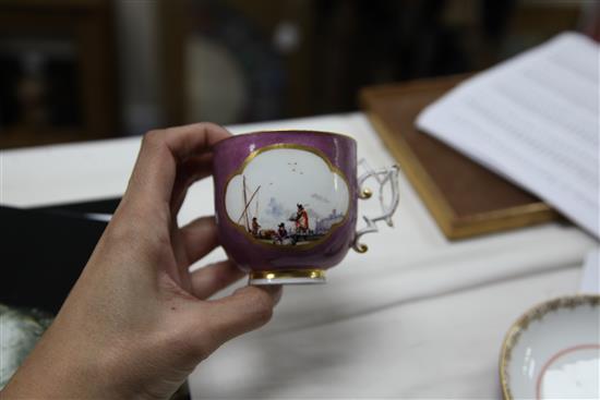 A Meissen coffee cup and saucer, c.1730, height 6.6cm, cup restored